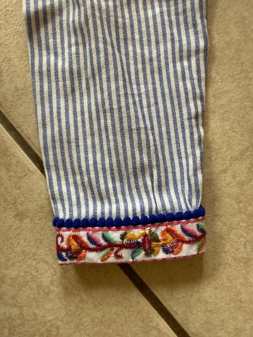 Striped Embroidered Boho Tunic Dress with Pom Tassels - Blue & Multicolor - Picture 6 of 8